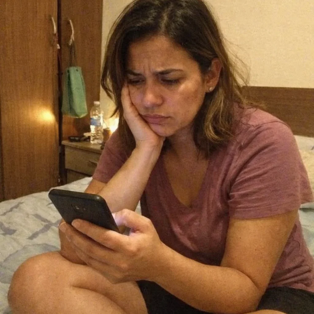Mulher pensativa olhando para o celular